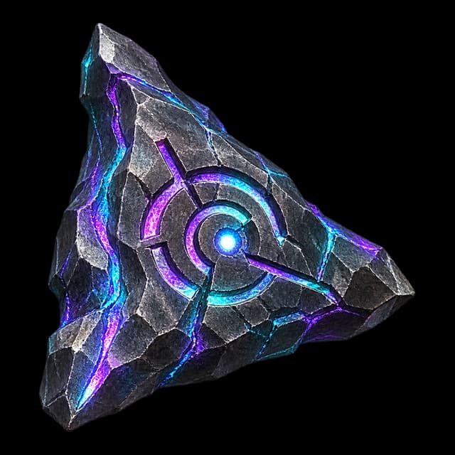 A dark, chipped triangular shard of rune stone with glowing violet and cyan grooves and a concentric resonant glyph around a small bright central point