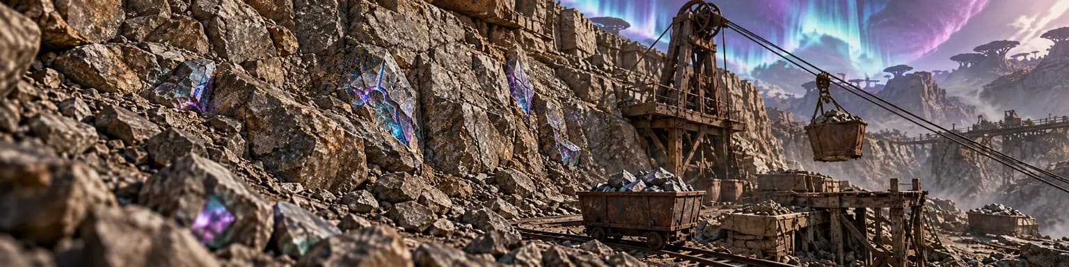 A steep fractured rock face with shimmering violet and teal crystals set in it, a wooden mine headframe with a cable bucket and loaded ore carts on a short rail, and distant aurora-lit mesas