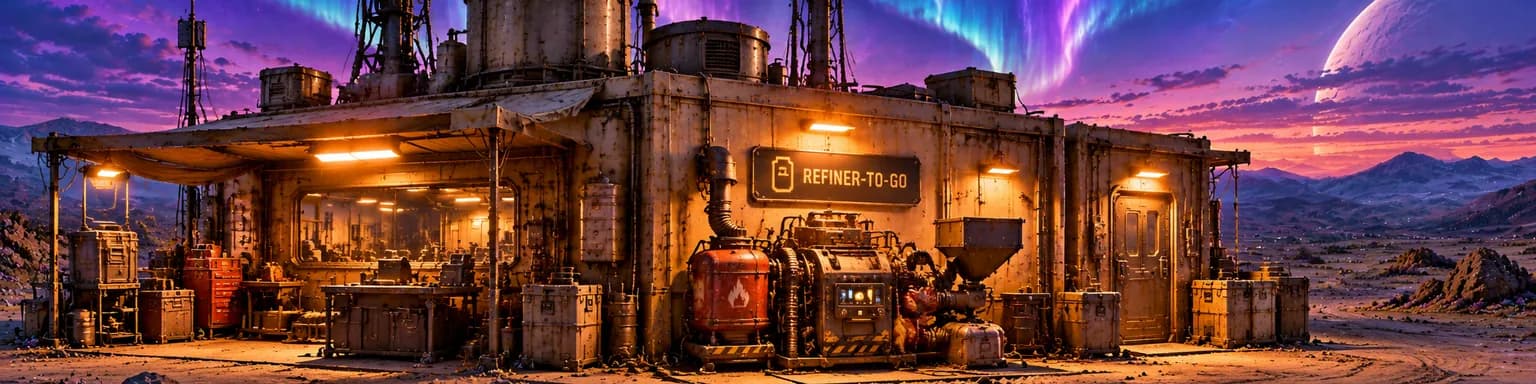 A rust-patched refinery machine, a red fuel tank, control panel and hopper bolted together under a lit REFINER-TO-GO sign on the wall of a weathered service building, workbenches and crates to either side, aurora and a pale moon over the highlands at twilight